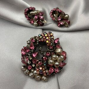 VTG Robert Wire Work Pink Rhinestone Pearl Brooch & Earring Set